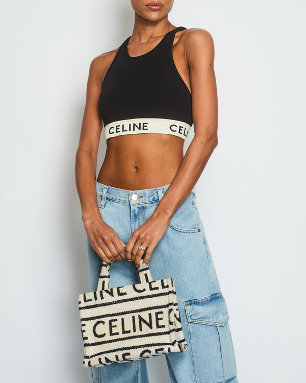 Celine Black Cropped Ribbed Vest with Elastic Waist Logo Size S