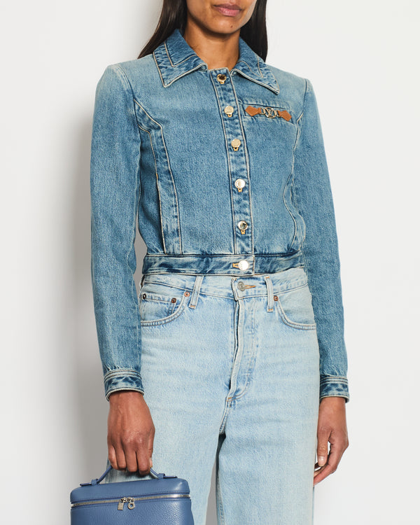Louis Vuitton Blue Cropped Denim Jacket with Gold Logo Detail and Gold Buttons RRP £2,110 Size FR 34 (UK 6)
