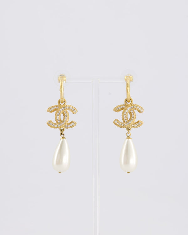 Chanel Brushed Gold and Crystal CC Logo Pearl Pendant Earrings