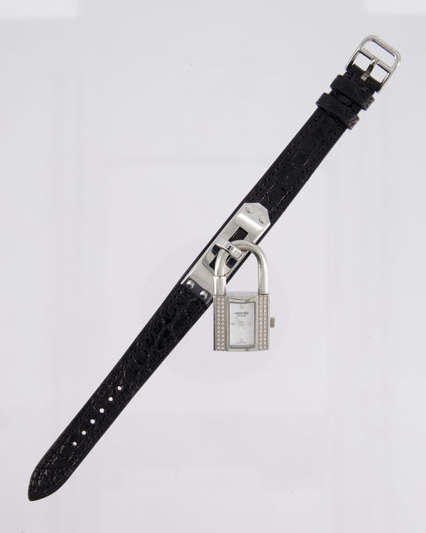 Hermès Kelly Stainless Steel, Diamonds, Black Alligator Crocodile strap and Mother of Pearl 20mm Watch