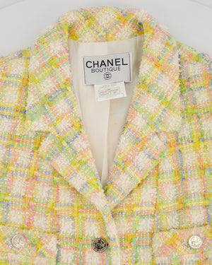 Chanel 96/P Vintage Pastel Yellow Tweed Dress Coat with Silver CC Button and Collar Detail FR 40 (UK 12)